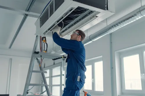 Technicien performant une maintenance éco-responsable sur un climatiseur
